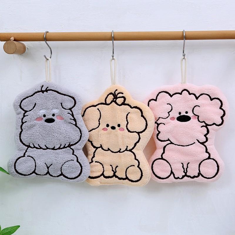 Coral fleece puppy hand towel hanging type kitchen bathroom rag double layer thickened cartoon portable non-shedding handkerchief
