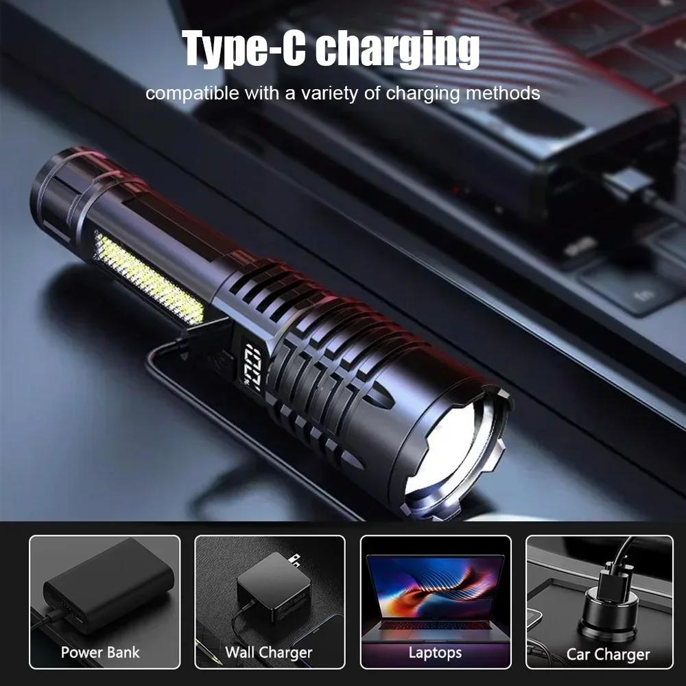 High Power LED Flashlight USB Rechargeable Light Telescopic Zoom Camping Torch with COB Side Light Multifunction Outdoor Lantern