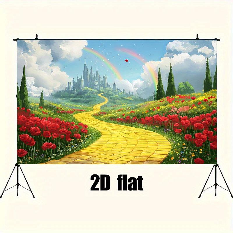 1 Piece of Magical Castle Fairy Tale Background Cloth - Red Poppies Yellow Pebble Paths and Rainbow Castle Scenes