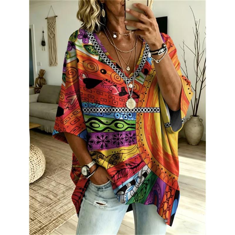 Camiseta de Manga Murciélago con Cuello en V para Mujer Tallas Grandes Estampado Étnico Bohemio Top Holgado Verano Cómodo Transpirable Uso Diario Casual Estilo Adelgazante