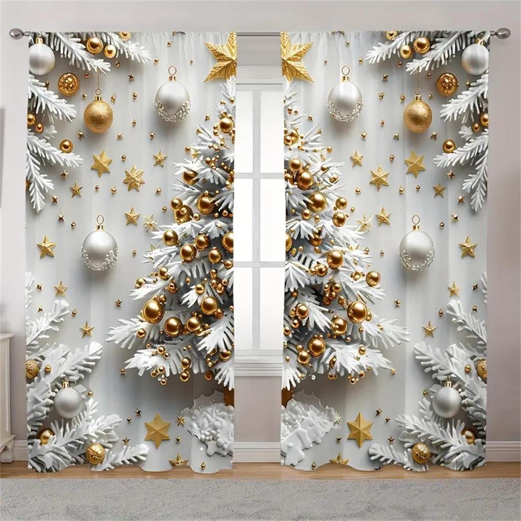 2pc,Christmas Ball Pine Leaves Curtain,With Rod Pocket Mount,Digital Printed Curtains,Polyester Material,For Living Room Bedroom