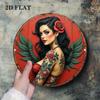 Vintage Rustic Red Rose Tattoo Pin Up Girl Retro Floral Art D Flat Round Metal Tin Sign Wall Art Plaque For Home Bar Garage Man