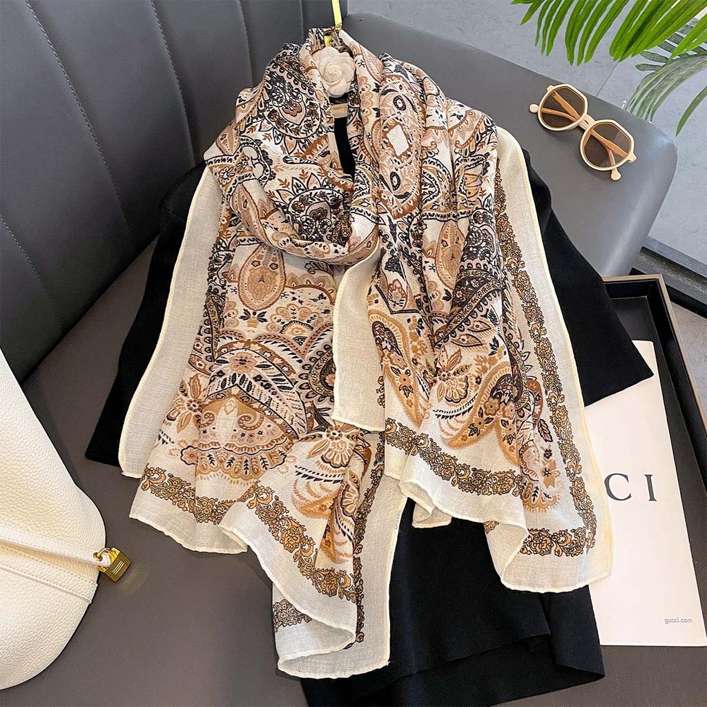 Women Cotton Linen Rose Print Scarf Shawl Hijab Muslim Long Headscarf Scarves Head Wraps Long Female Head Scarf