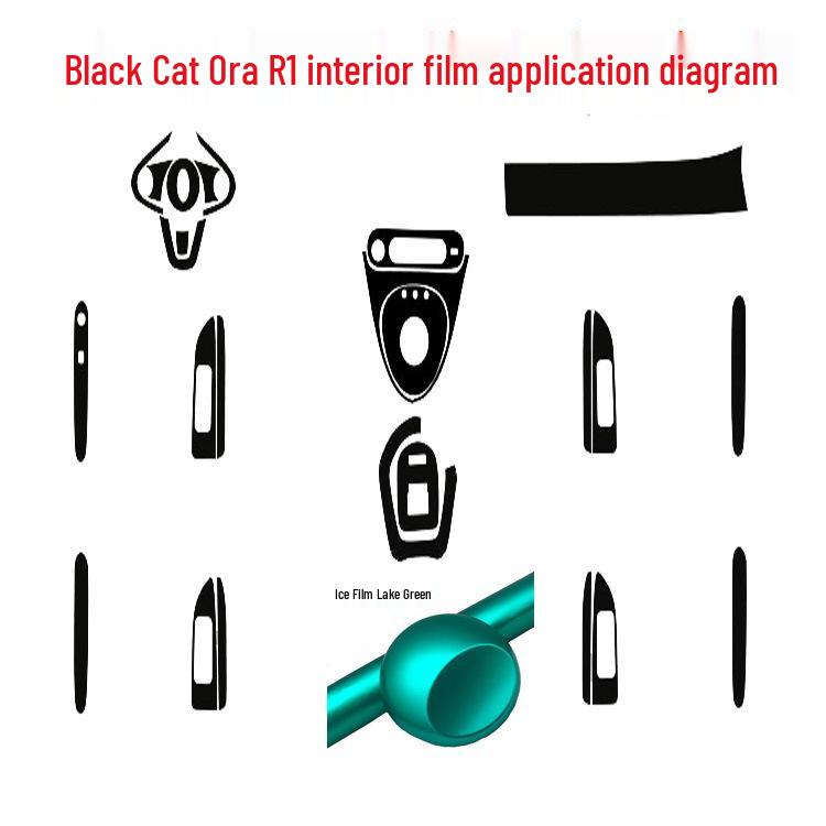 Carbon Fiber Interior Decor Stickers for Black Cat Ora R1: Central Control, Gear Position, and Door Panels