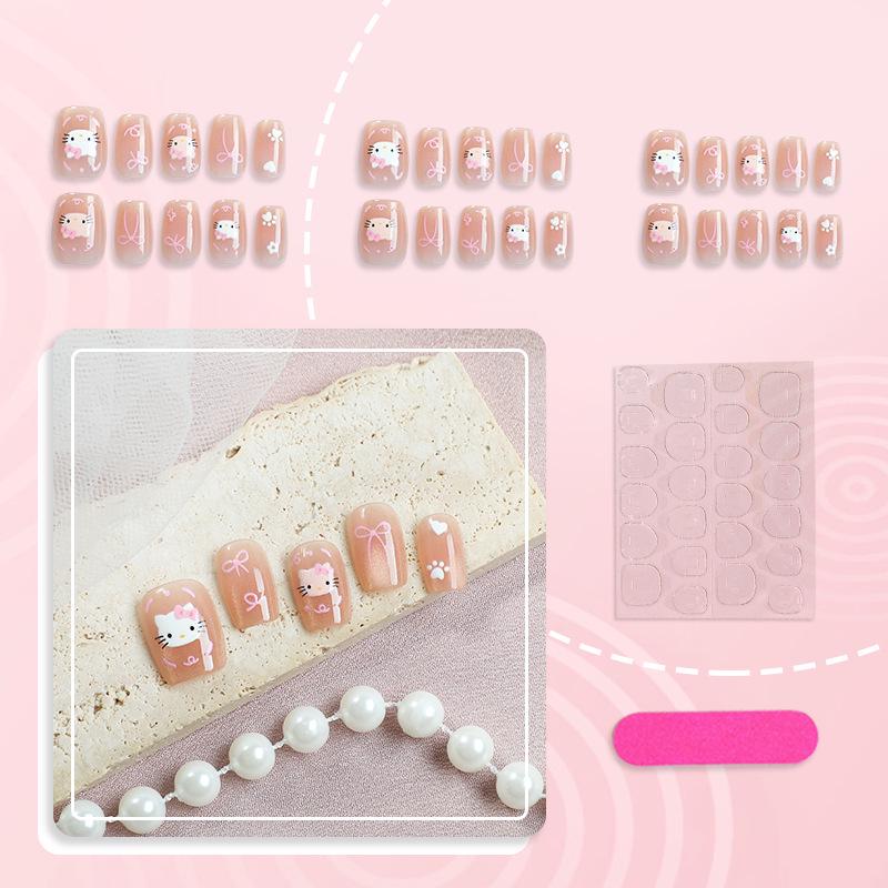 30 pcs Cute Kitty Cat Eye Short-Style Wearable Nails with Sweet Bow Design
