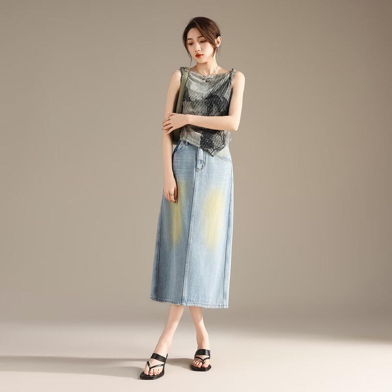 RAIN.CUN Women's High-Waist A-Line Split Denim Midi Skirt