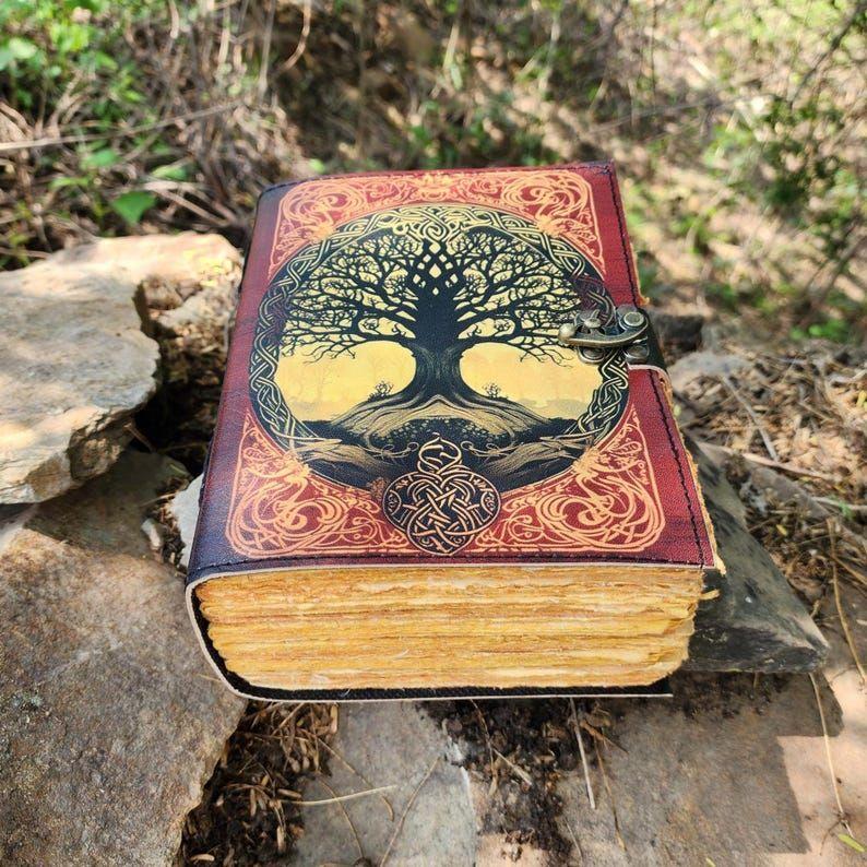 Grimoire Leather Journal, Tree Printed Leather Cover, Blank Spellbook Of Shadows, Sketchbook. Wedding Guest Book