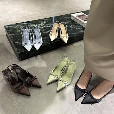 2025 New Spring and Summer French Bag Head Rear Empty Single Shoes Satin Bow Sandals Simple Fashion High Heels