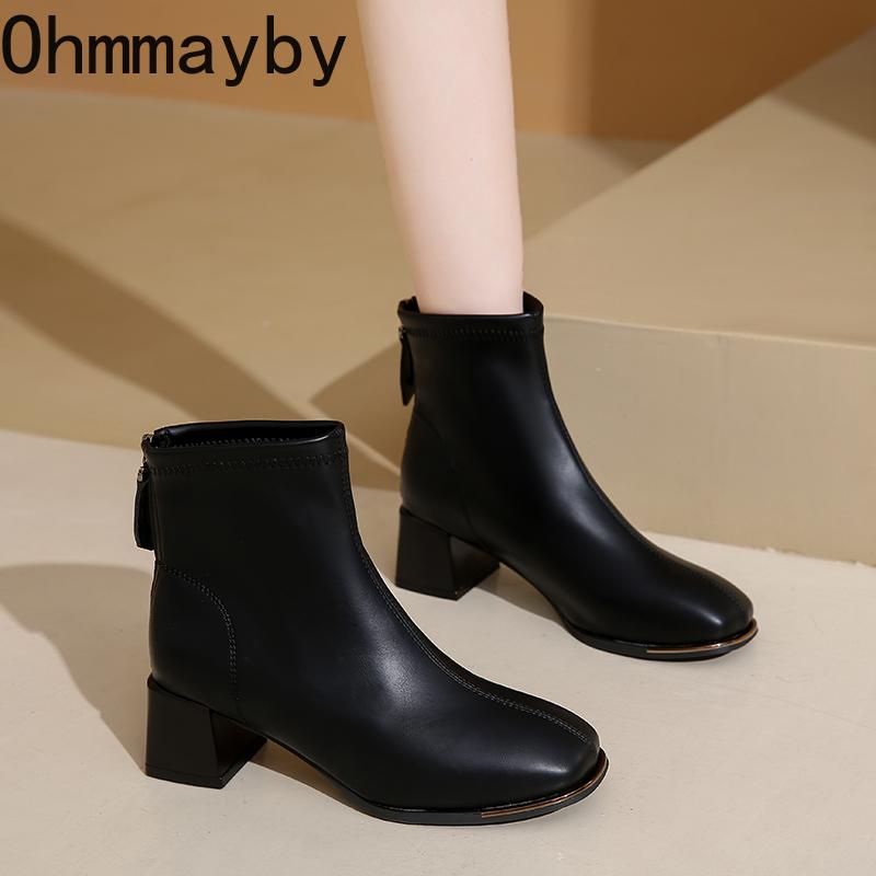 Autumn Winter Women Thick Heel Ankle Fashion Metal Square Toe Street Party Short Botas Mujer for Adult Women