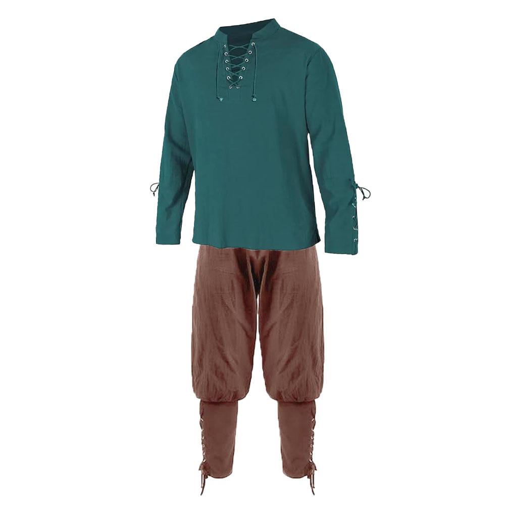 Renaissance-Sets für Herren, Piratenhemden und -hosen, Herrenkostüm, Baumwolle, Leinen, V-Ausschnitt, Kordelzug, Partykleid, zweiteilig