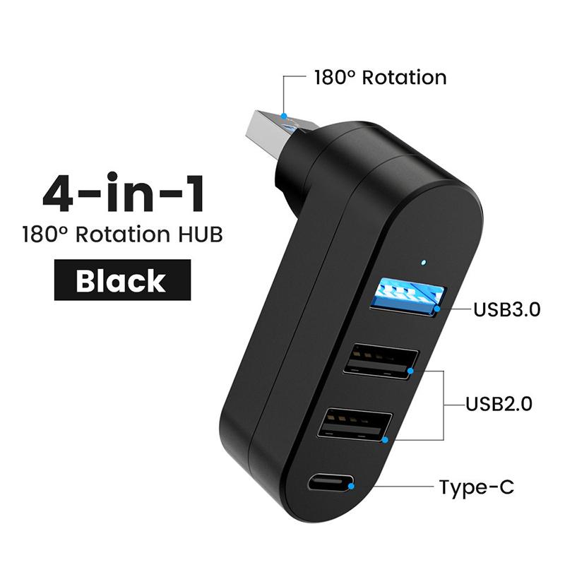 

Поворотный USB-хаб USB 3.0 2.0 Type-C, USB-разветвитель на 4 порта, Мультиэкспандер для компьютера, ноутбука, Macbook, U-диска, Передача данных чёрный