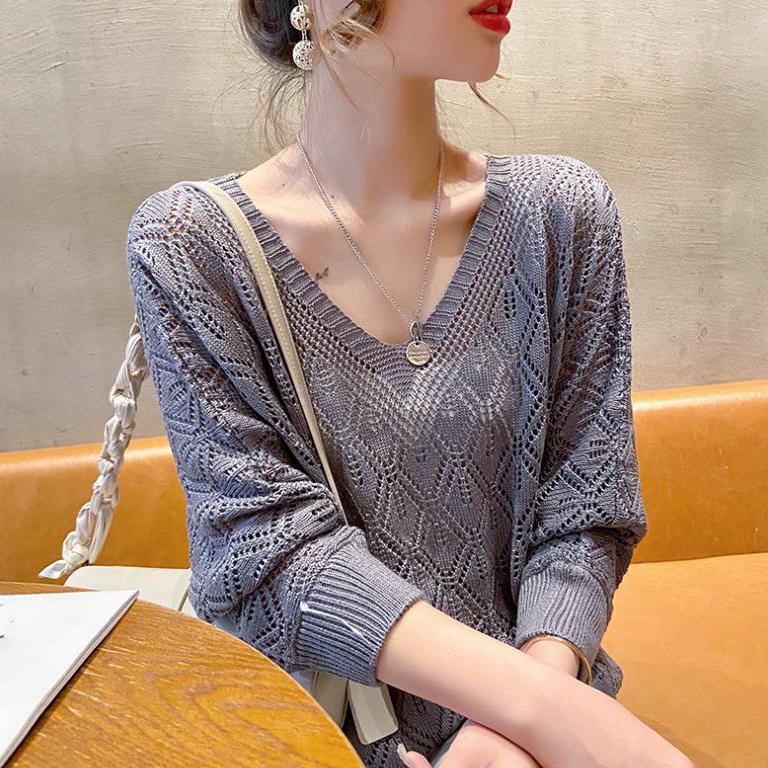 Women's's Thin Spring Loose Bat Shirt Short Top V-neck Hook Flower Hollow Knitted Sweate Crocheted Hollow Knitted Three-quarter Sleeve Blouse