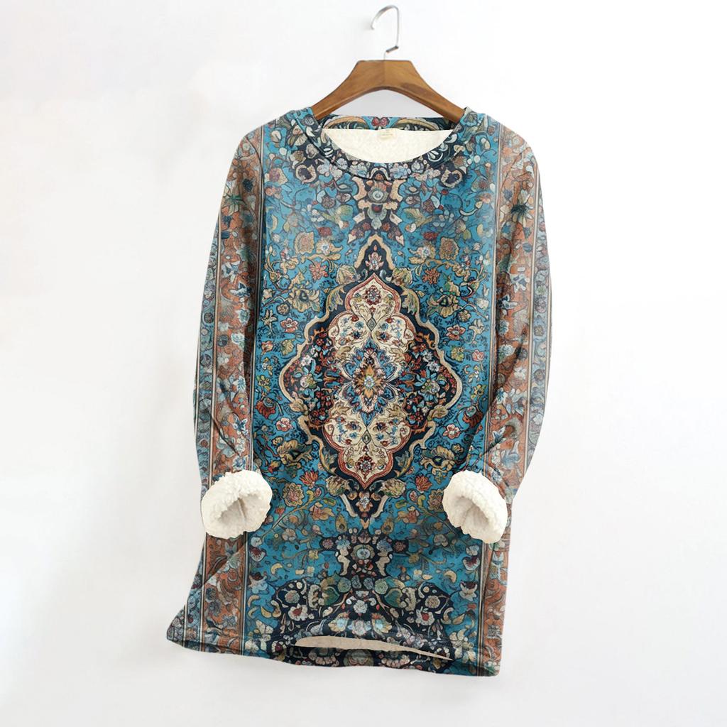 Women's Round Neck Top Printing Thickened Plush Cashmere Warm Long Top