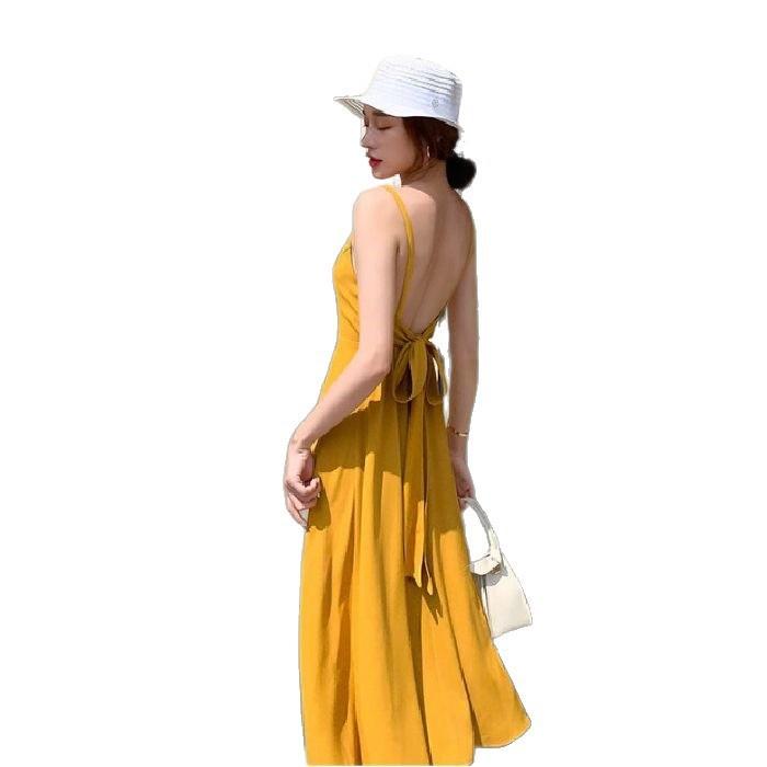 Beach dress photo beautiful seaside travel vacation sexy backless dress slim V-neck suspender dress super fairy