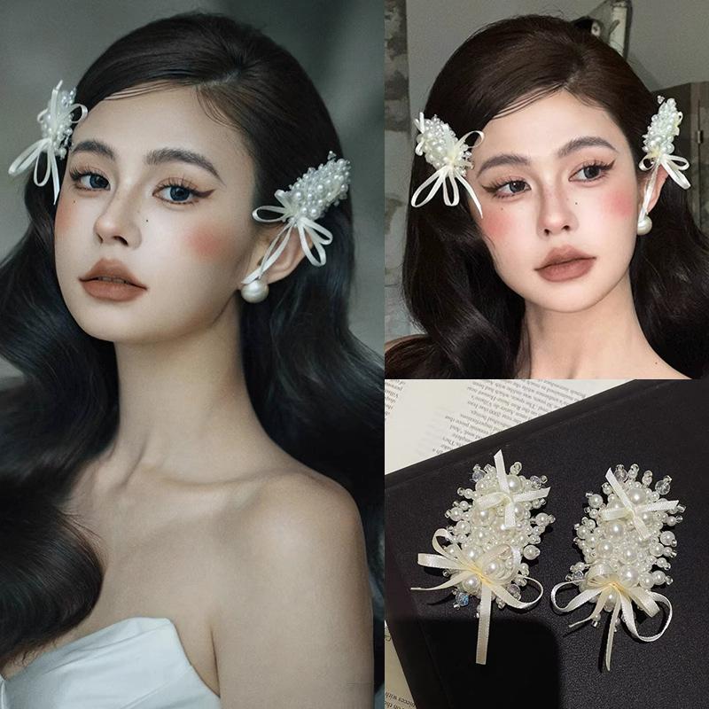 1/2pcs French Ballet Style Imitation Pearl Bow Ribbon Women Hairpin Sweet Simple Elegant Bangs Side Clip Headwear