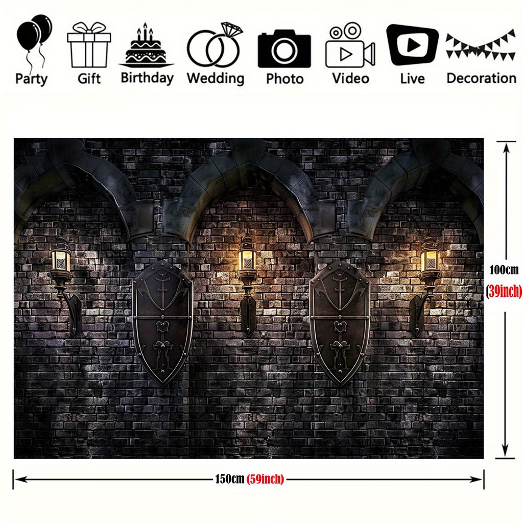 A Gothic castle background, ancient brick and stone walls of a medieval castle, decorated with universal party banners