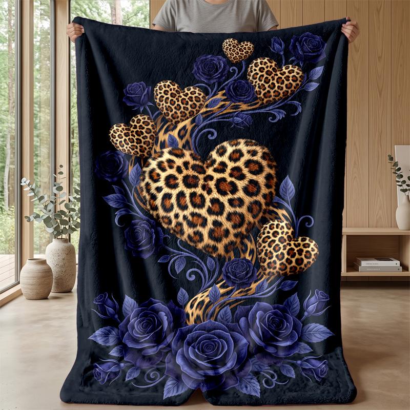 Leopard Heart Roses Art 1 Theme blanket Lightweight Warm Flannel Blanket Decorative Throw Blanket for Home Decoration