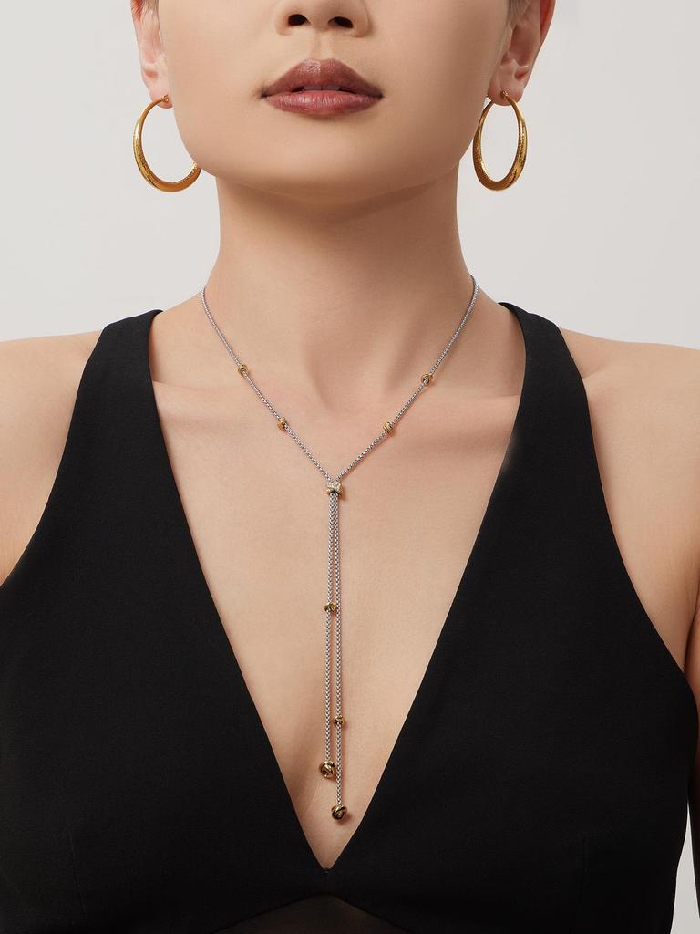 Two-tone Zircon Pull-out Necklace: European & American Style, Stainless Steel, Niche Ins Design, High-end Jewelry