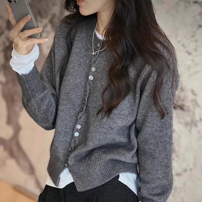Women's Versatile Wool Knit Cardigan - Round Neck Single-Breasted Sweater