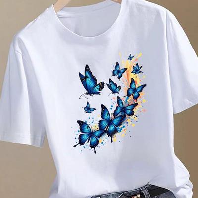 (Asian Size) Women Printing Fashion Tee Top Clothing T Shirt Woman Butterfly 90s Cute Print Female Short Sleeve Graphic T-shirts