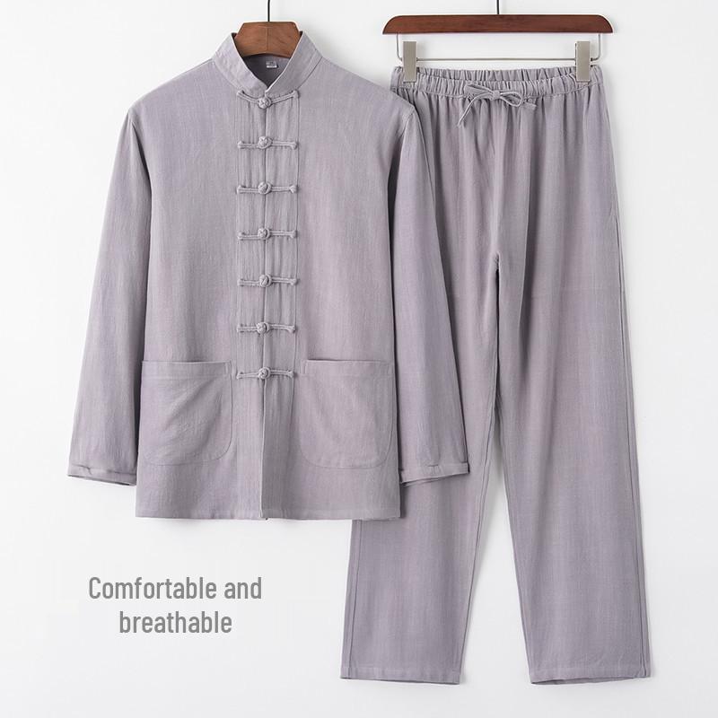 Costume Tang en Coton Lin à Manches Longues pour Homme: Style chinois rétro, Coupe ample pour personnes d'âge moyen et âgées, Parfait pour le Tai Chi.