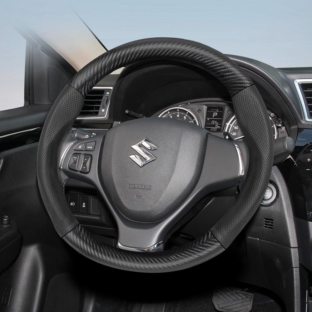 Suitable for SUZUKI Perforated Leather Matte Carbon Fiber Texture Steering Wheel Cover Wagon R Swift Ertiga Brezza Baleno Fronx