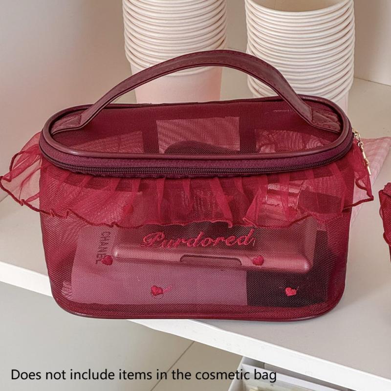 1Pc Purified Red Mesh Makeup Bag With Ruffle Detail Love Embroidery Cute Portable Cosmetic Organizer For Girls Toiletry Pouch