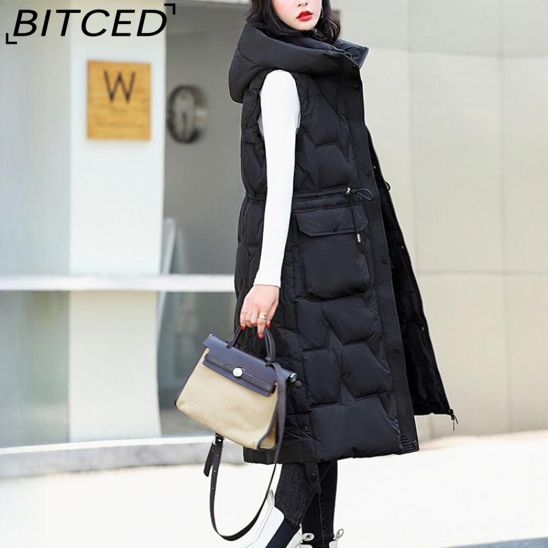 BITCED Women's Plus Size Long Down-Filled Quilted Vest with Hood, Thickened Sleeveless Coat for Autumn/Winter