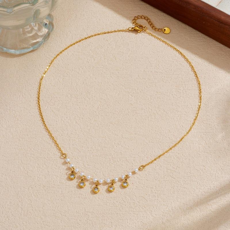 Gold Plated Stainless Steel Pearl Zircon Drop Choker Necklace золотой
