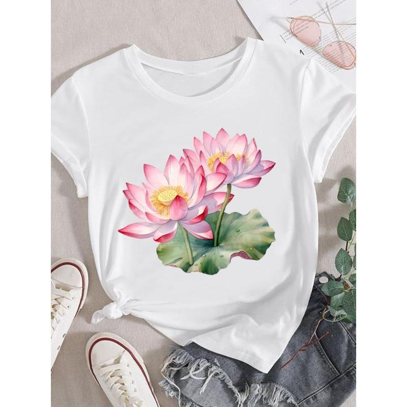 (European Size)  Lovely Women Short Sleeve Fashion Tee Trend Watercolor Style Top Clothing Print Lady Casual T-shirt Female Graphic T-shirts