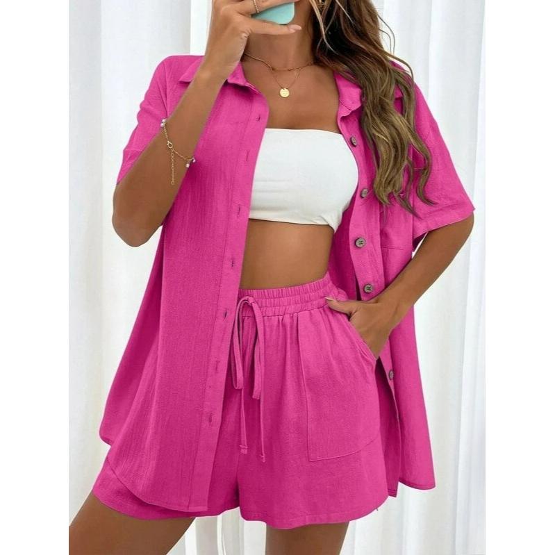 Fashion Shorts Two-piece Solid Color Shirt Suit Women's Casual Loose Short-sleeved Single-breasted