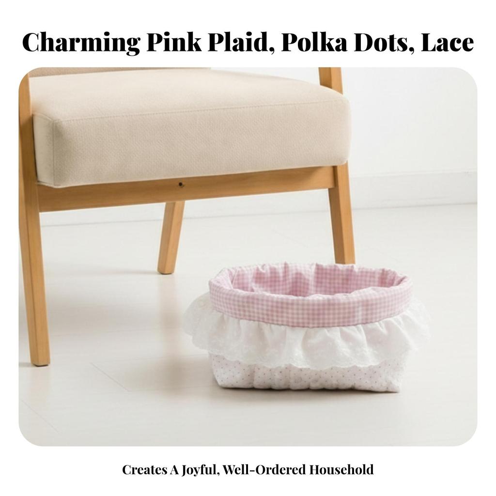 Quilted Textile Basket Gingham Lining Lace Trim Dotted Pattern for Desk