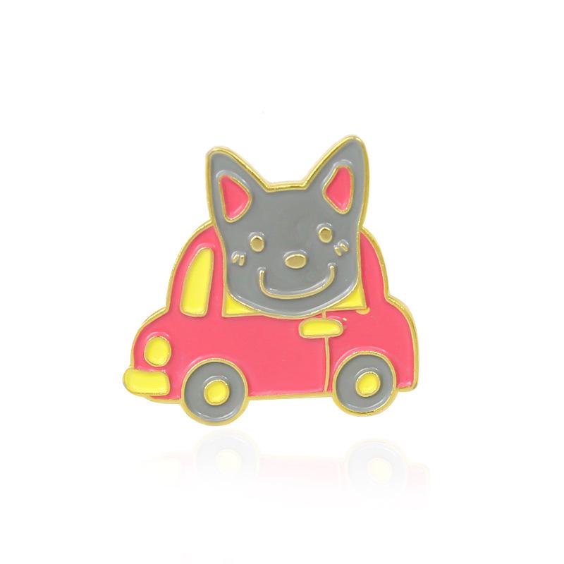 Playful Grey Cat Cartoon Brooch: Heart-Level Game and Scenic Car Adventure