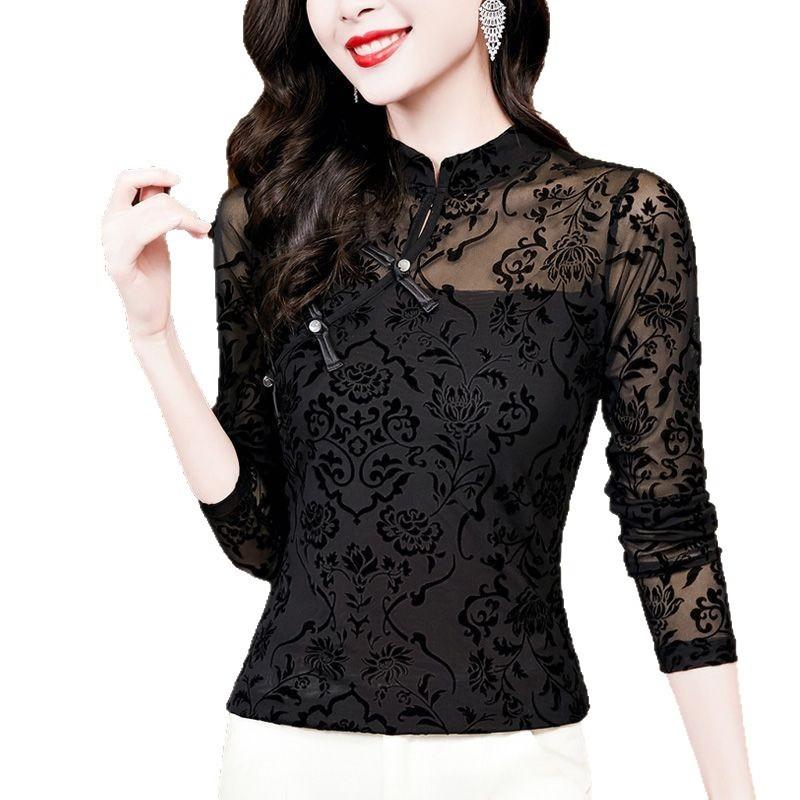 Black Mesh Bottoming Shirt for Women Long-sleeved Spring and Autumn New Chinese-style Button-down Top Foreign-style Lace Cheongsam Shirt
