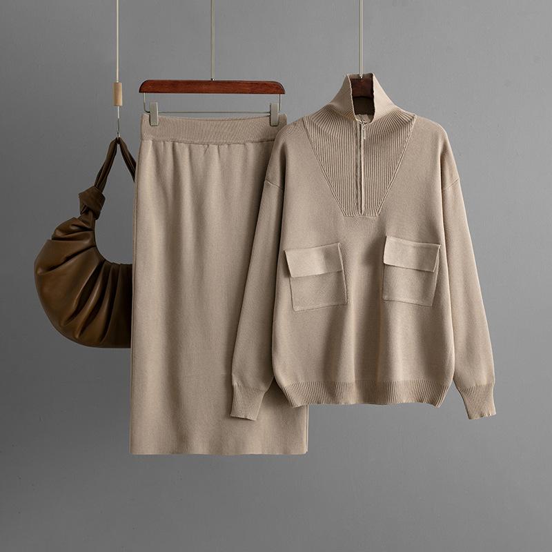 Autumn and Winter New Solid Color Lapel Half Zipper Knitted Top + Temperament Skirt Fashion Two-piece Trendy