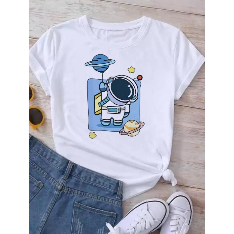 Maycaur T-shirt Dam Måne Planet Tryck Mode T-shirts Casual Rund Hals Kort Ärm Streetwear Dam T-shirt Vintage Toppar
