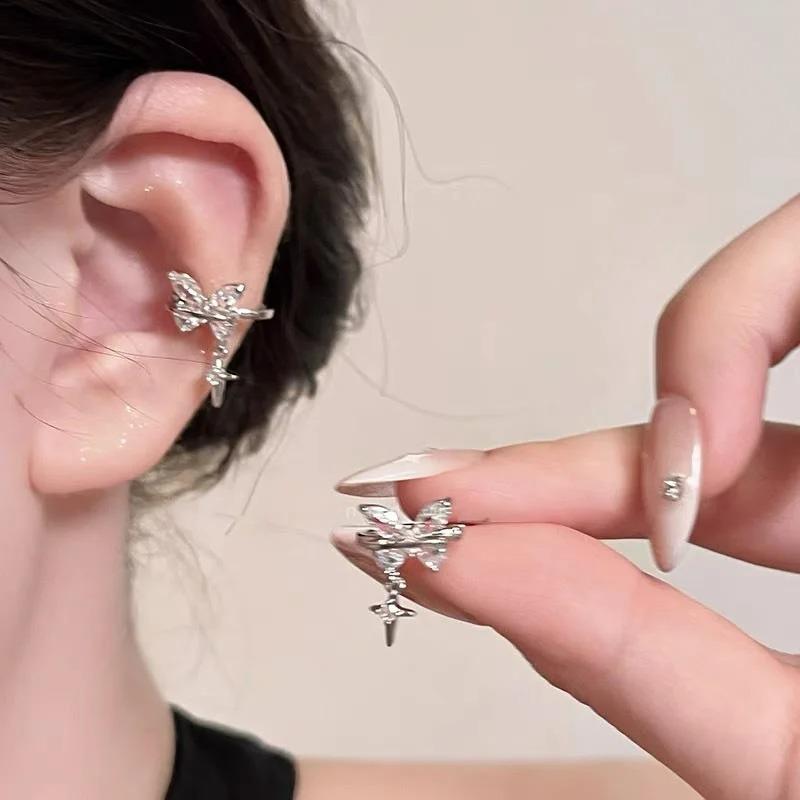 2PCS Sliver Color Butterfly Star Star Ear Clip Bone Nail New Fashion Earrings for Women No Drilling Cochlea Anti-allergy Gift