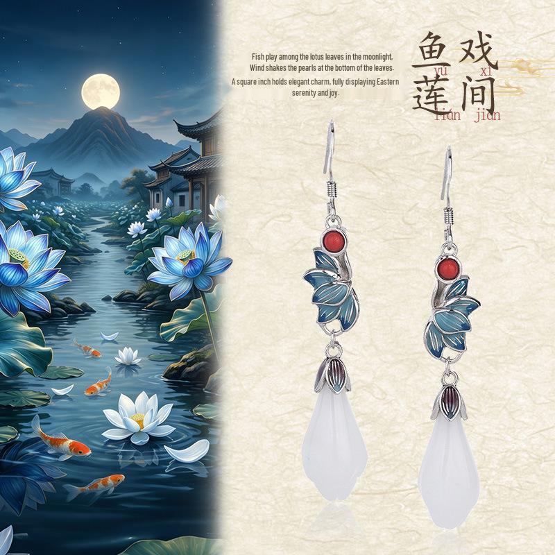 Chinese Retro Style Enamel Earrings with Imitation Hetian Jade Lotus in 925 Sterling Silver for Women