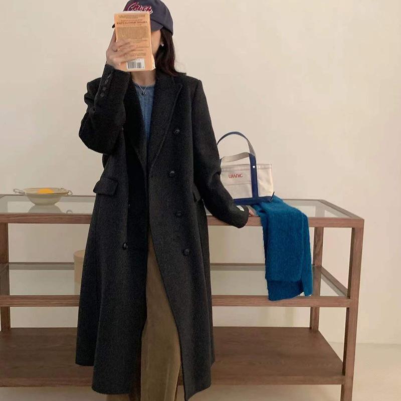

Autumn and winter new double-sided wool coat women s extended front shoulder double-breasted solid-color woolen coat M