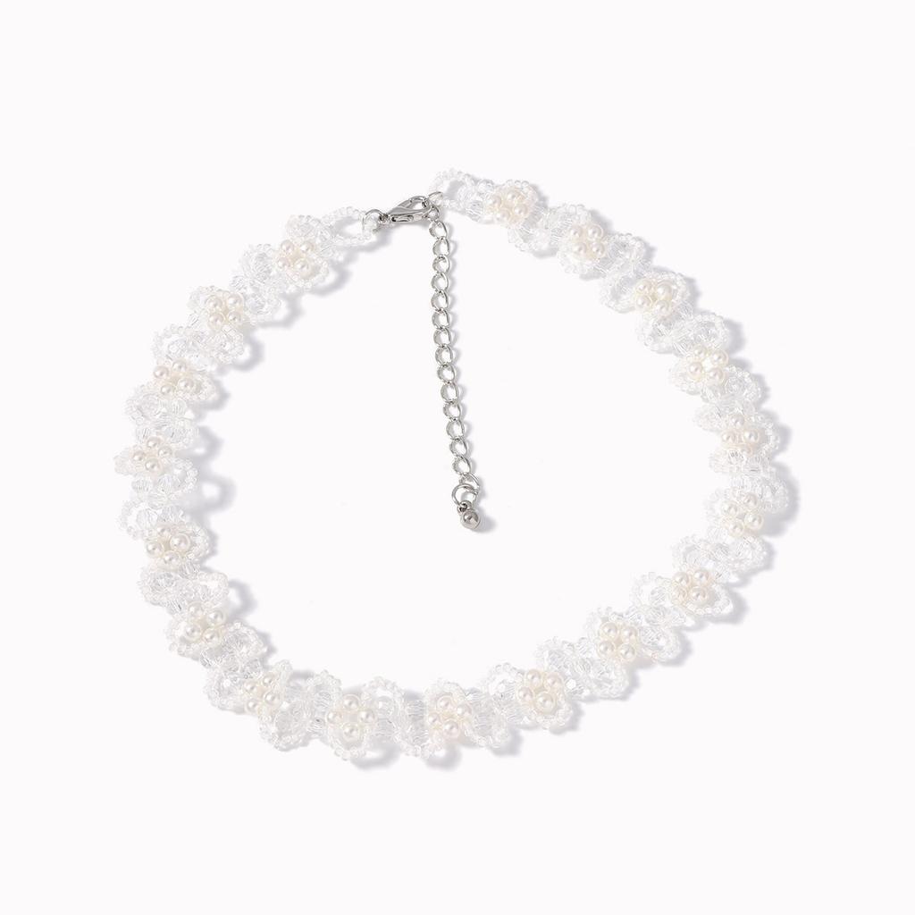 French Gentle and Romantic Crystal Rice Beads White Temperament Collarbone Chain Imitation Pearl Light Luxury High-end Necklace