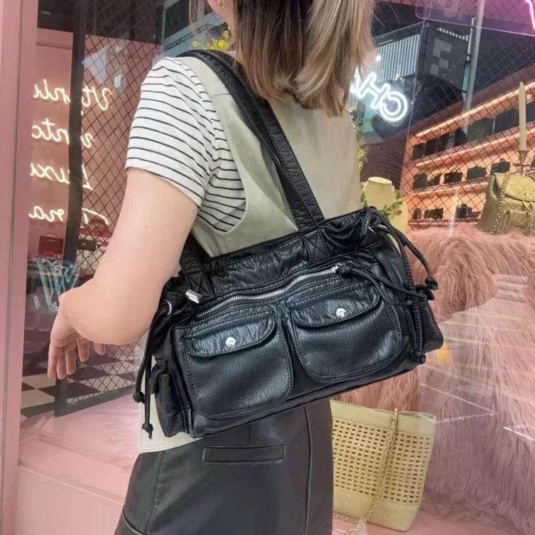 Punk Multiple Pockets Motorcycle Bag Retro Drawsting Women Shoulder Bags Soft Pu Leather Handbags Large Tote Shopper Purses Y2K