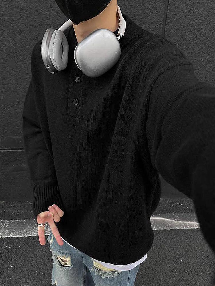 Men's High-End Retro Henley Collar Long Sleeve Knit Sweater for Autumn and Winter