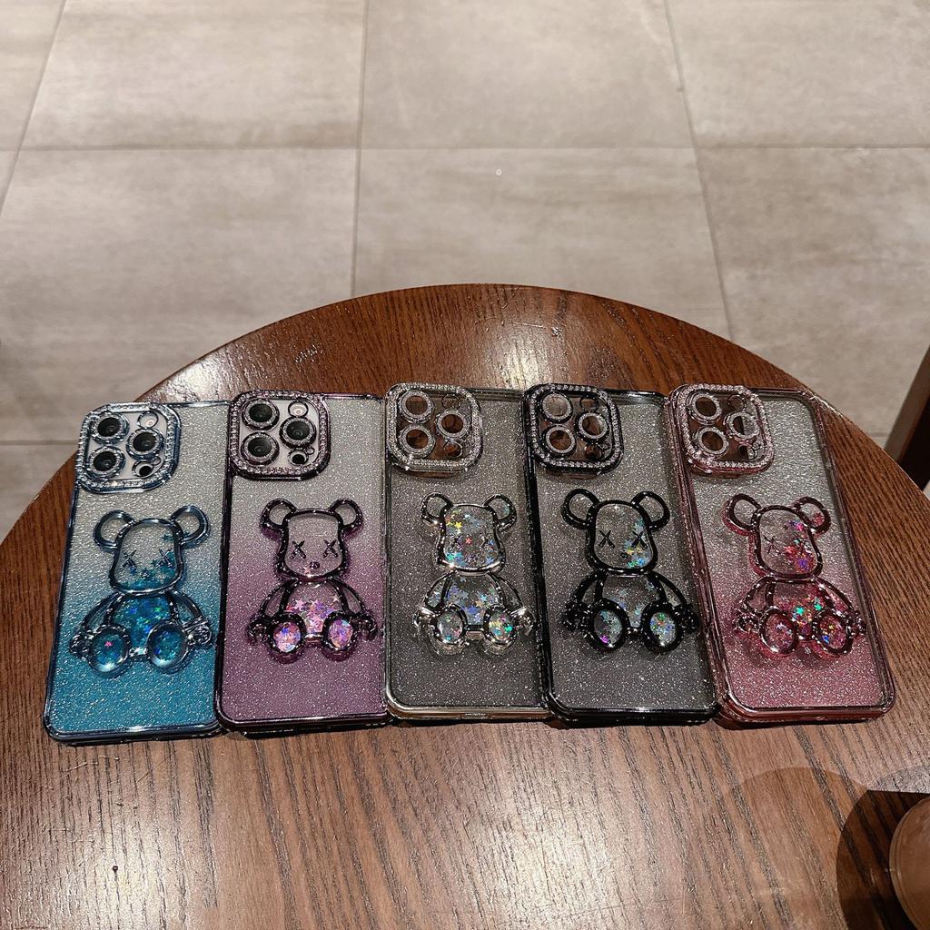 Applicable To IPhone 16 Mobile Phone Case Rhinestone Flash Powder Quicksand Violent Bear Apple 15 ProMax Advanced Sense Anti-fall Cover