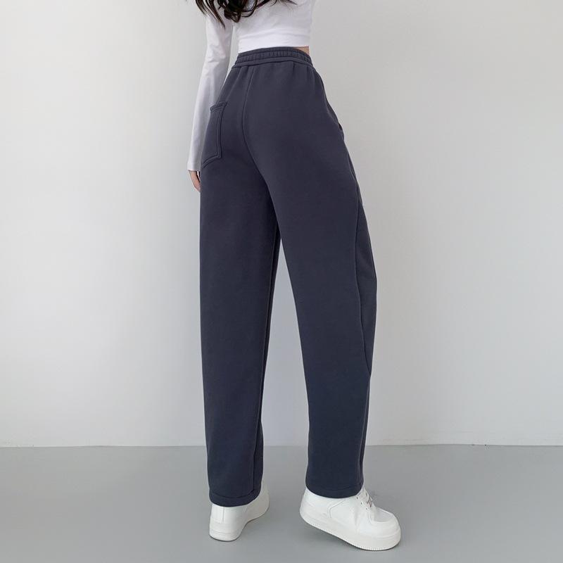 Warm Winter Straight Pants Women's Plush Fleecing Thermal Wide Leg Silhouette Trousers Corduroy Baggy Black Trousers