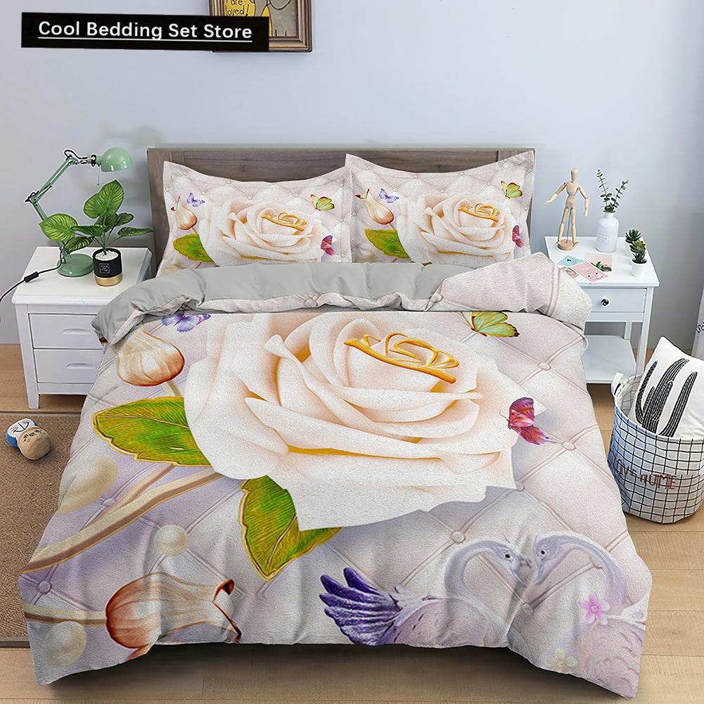 3D Pejzaż Natury Król Królowa Poszewka na Kołdrę Kwiaty Zielone Liście Pościel Zestaw Widok Shimen Poszewka na Kołdrę Poliester Pokrowiec na Kołdrę