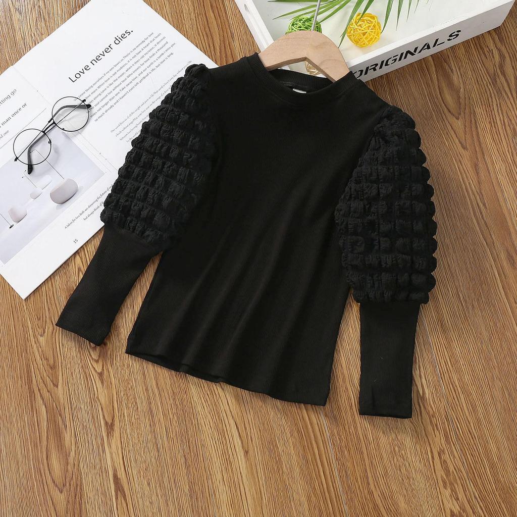 Girls' Thickened Puff Sleeve Long-Sleeve T-Shirt, Half-High Collar, Spring/Autumn , Baby & Toddler Top