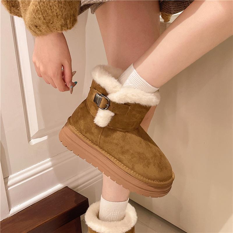Korean women's large size soft sole heightening winter warm fur snow boots padded lined ankle boots non-slip hiking casual sports cotton boots