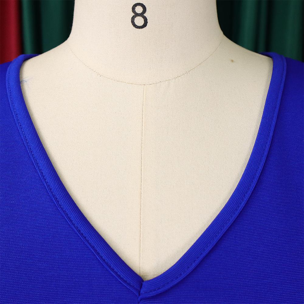 IHUASU Belt Summer Women's Dress with Flared Sleeves Solid Color Plus-size V-Neck High Waist Dress