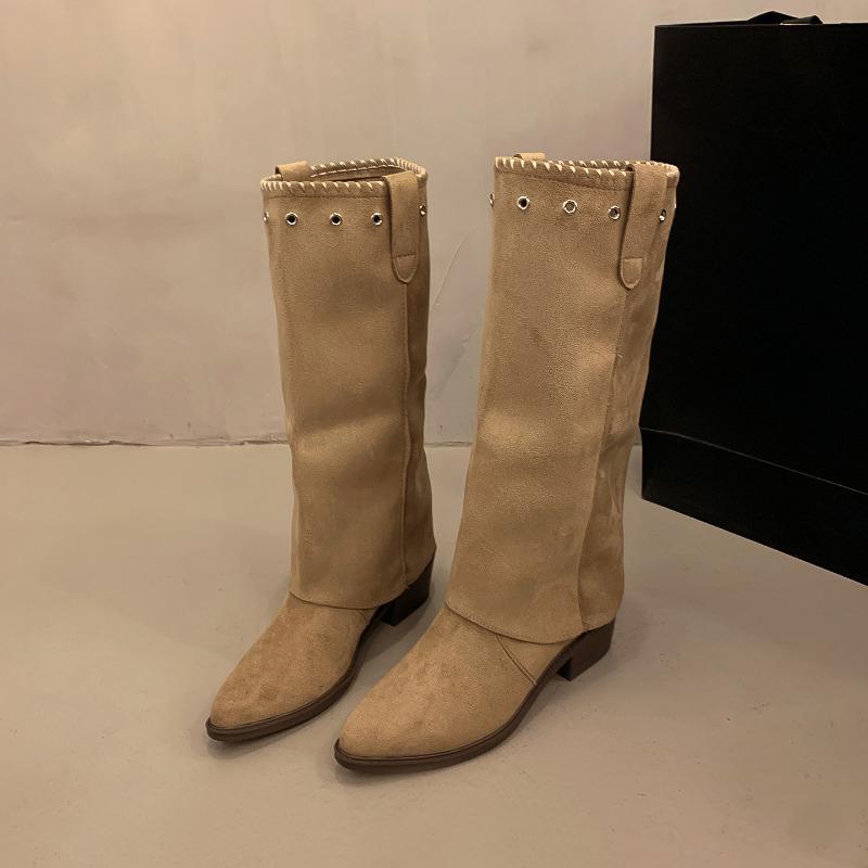 Fashion Vintage Thick Heel Women Western Cowboy Boots Button Combination Splicing Shoes Autumn Winter Ladies Pipe Long Booties