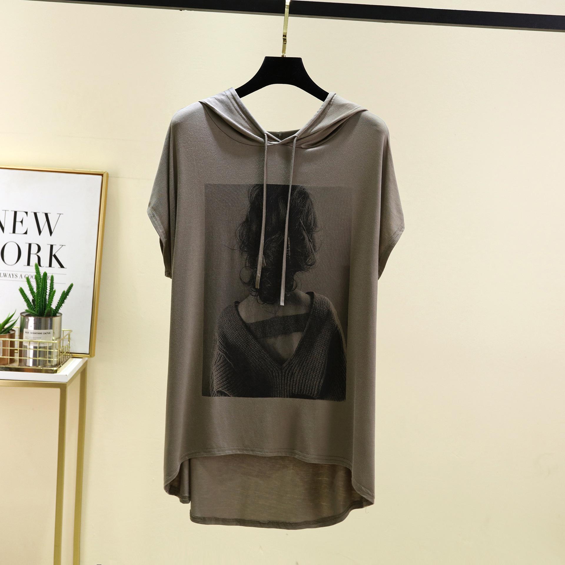 

Повсякденна футболка в корейському стилі з капюшоном вільного крою One Size зелений/сірий колір